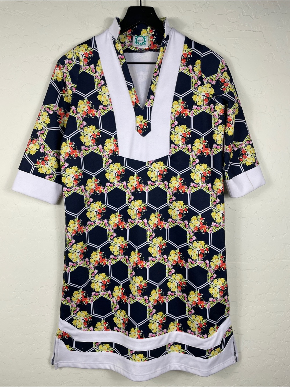 vfish Navy Floral Hex-Print Mini Dress with White Trim